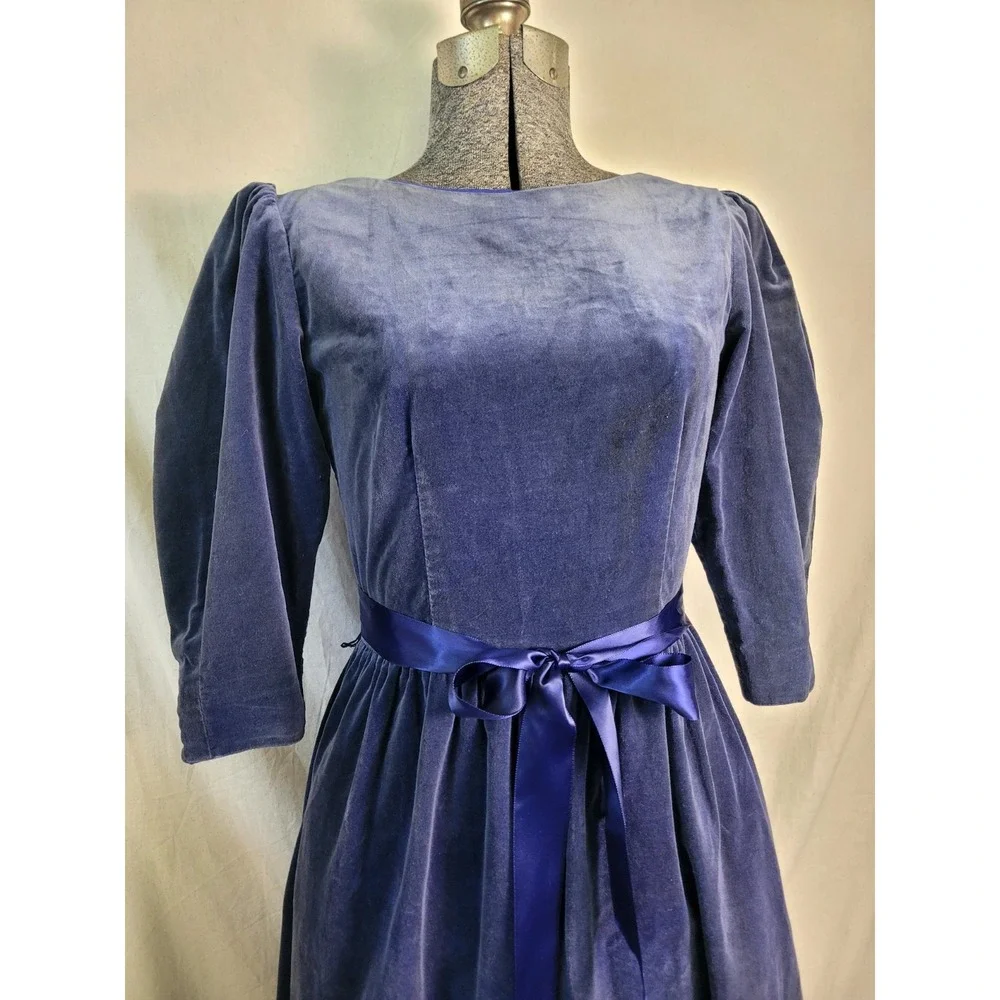 Vintage 40s‎ 50s Dusty Blue Velvet Midi Dress 3/4 Sleeve Ribbon Waist FLAW XS